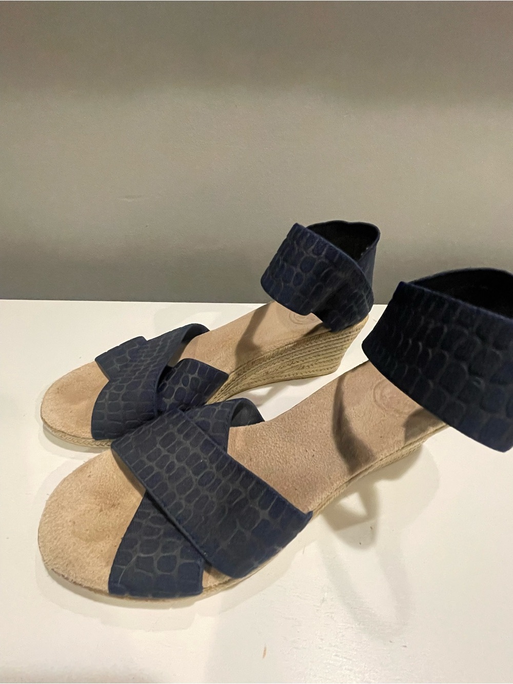 Women’s Navy Croc-Embossed Wedge Sandals